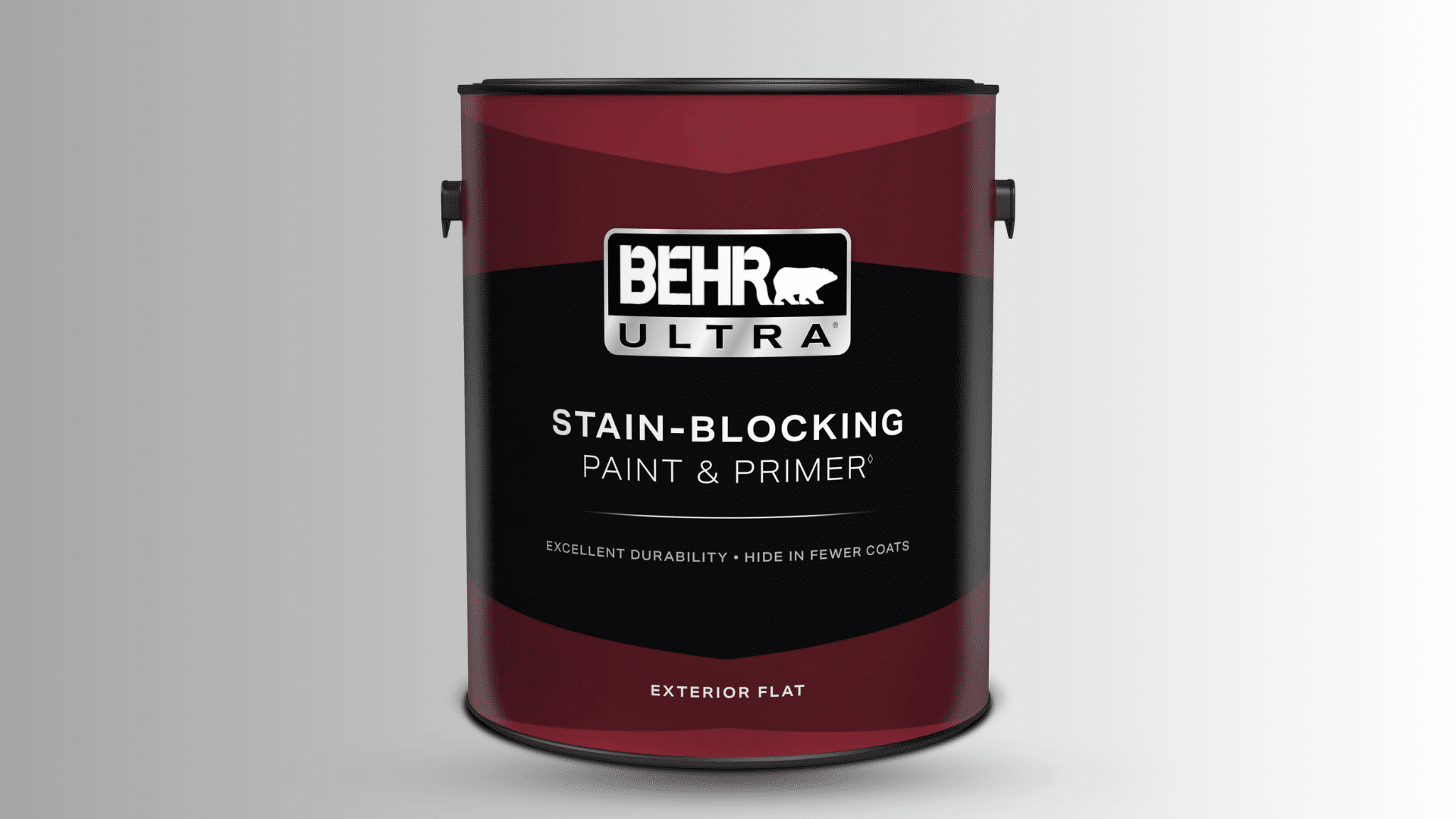 Behr Ultra stain-blocking exterior flat paint and primer can.