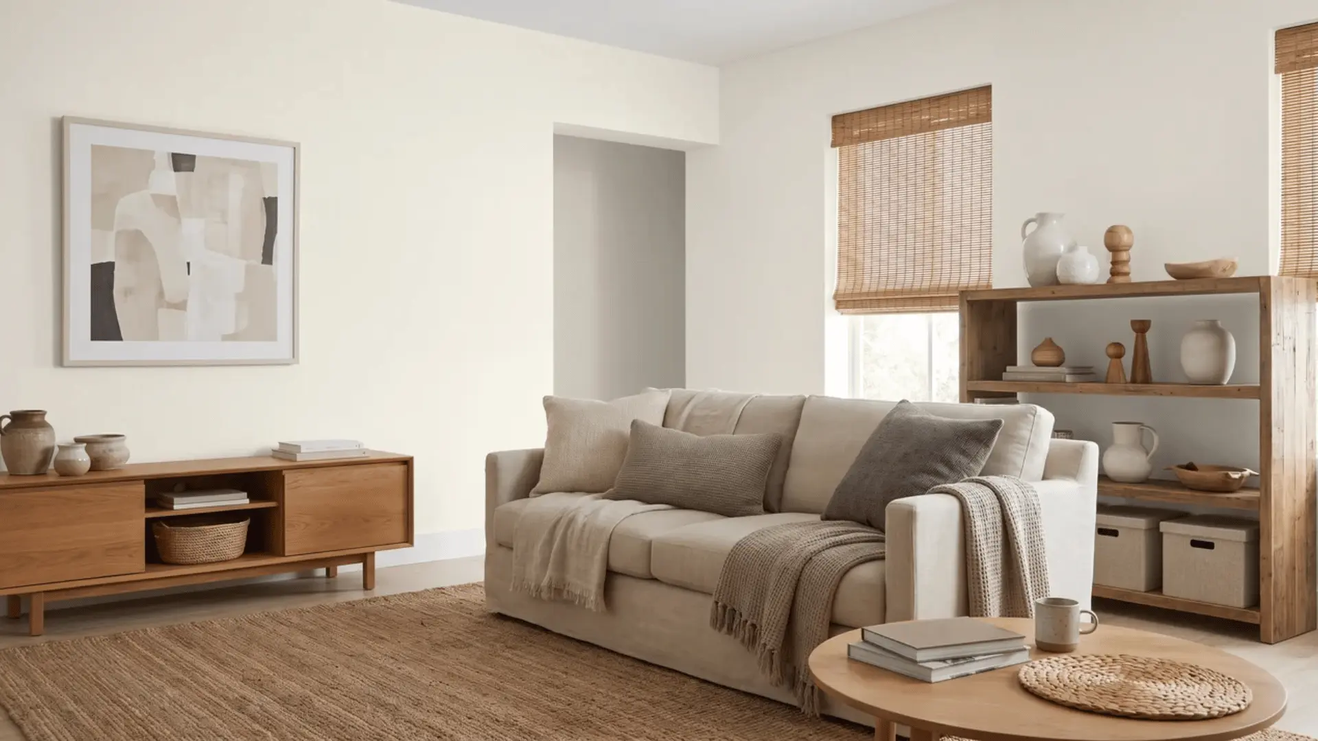 Living room with Benjamin Moore Acadia White walls, warm wood furniture, woven textures, and neutral finishes