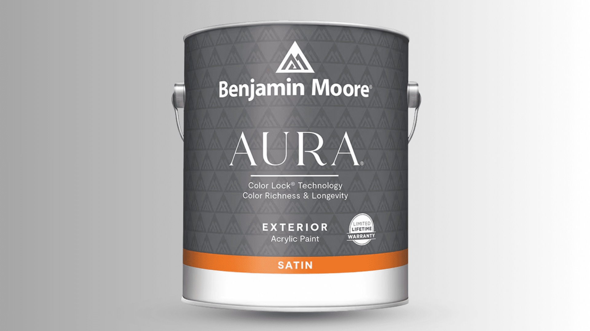 Benjamin Moore Aura exterior acrylic satin paint can.