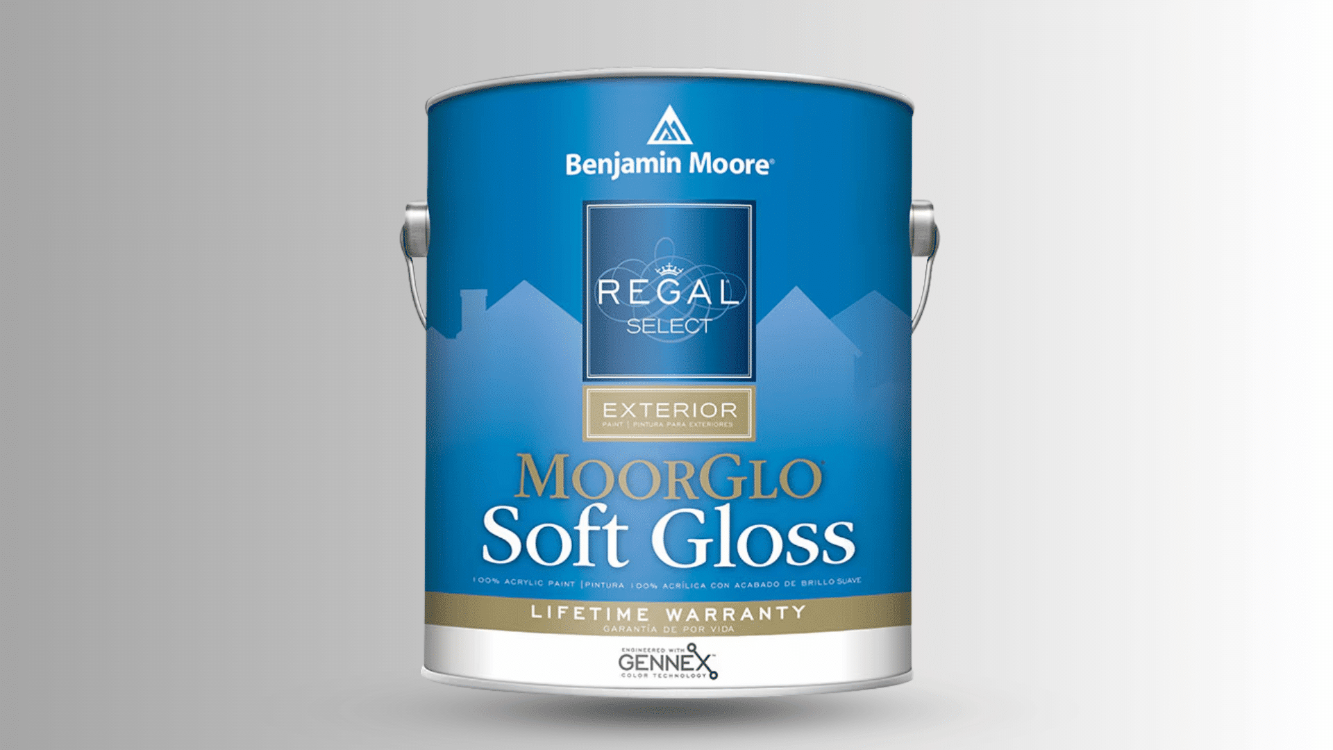 Benjamin Moore Regal Select MoorGlo Soft Gloss exterior paint can.