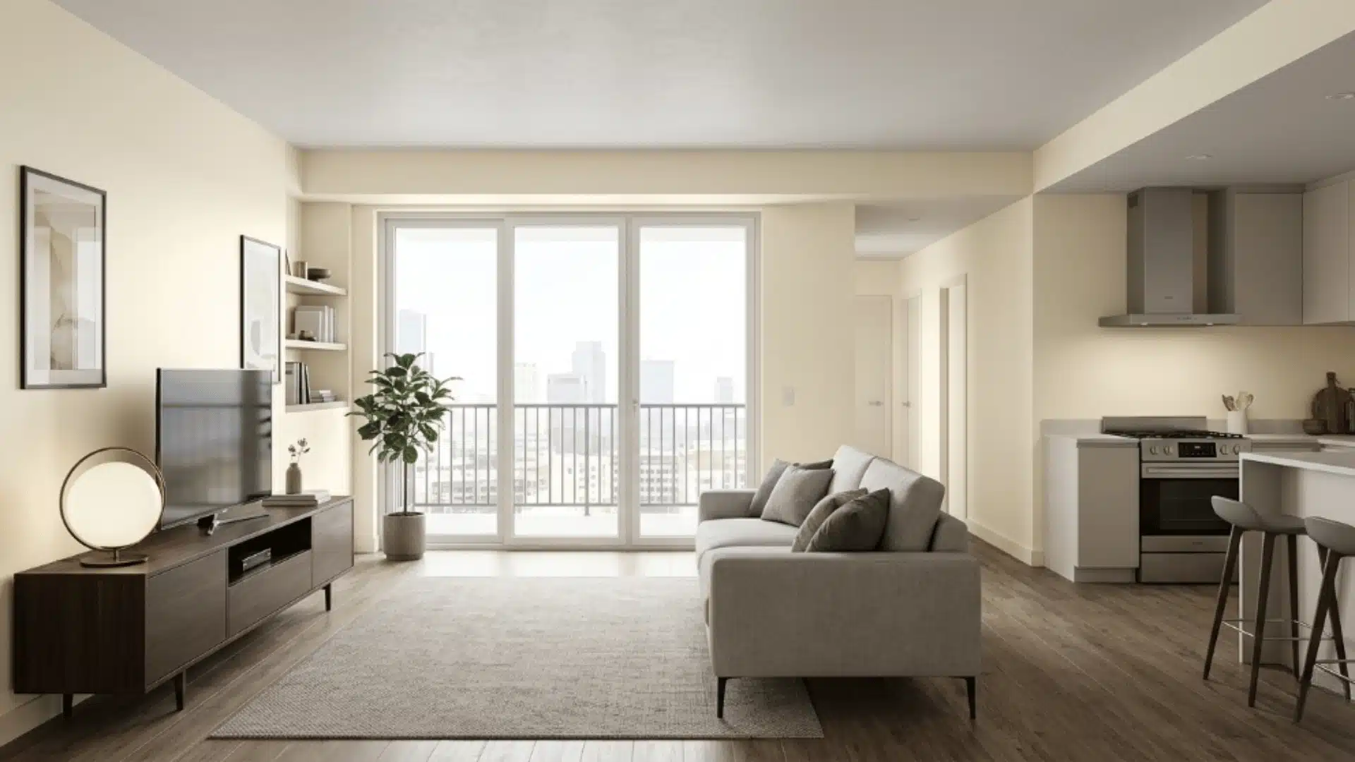 Open-plan living room and kitchen with Benjamin Moore Swiss Coffee walls, wood flooring, gray seating, and large windows