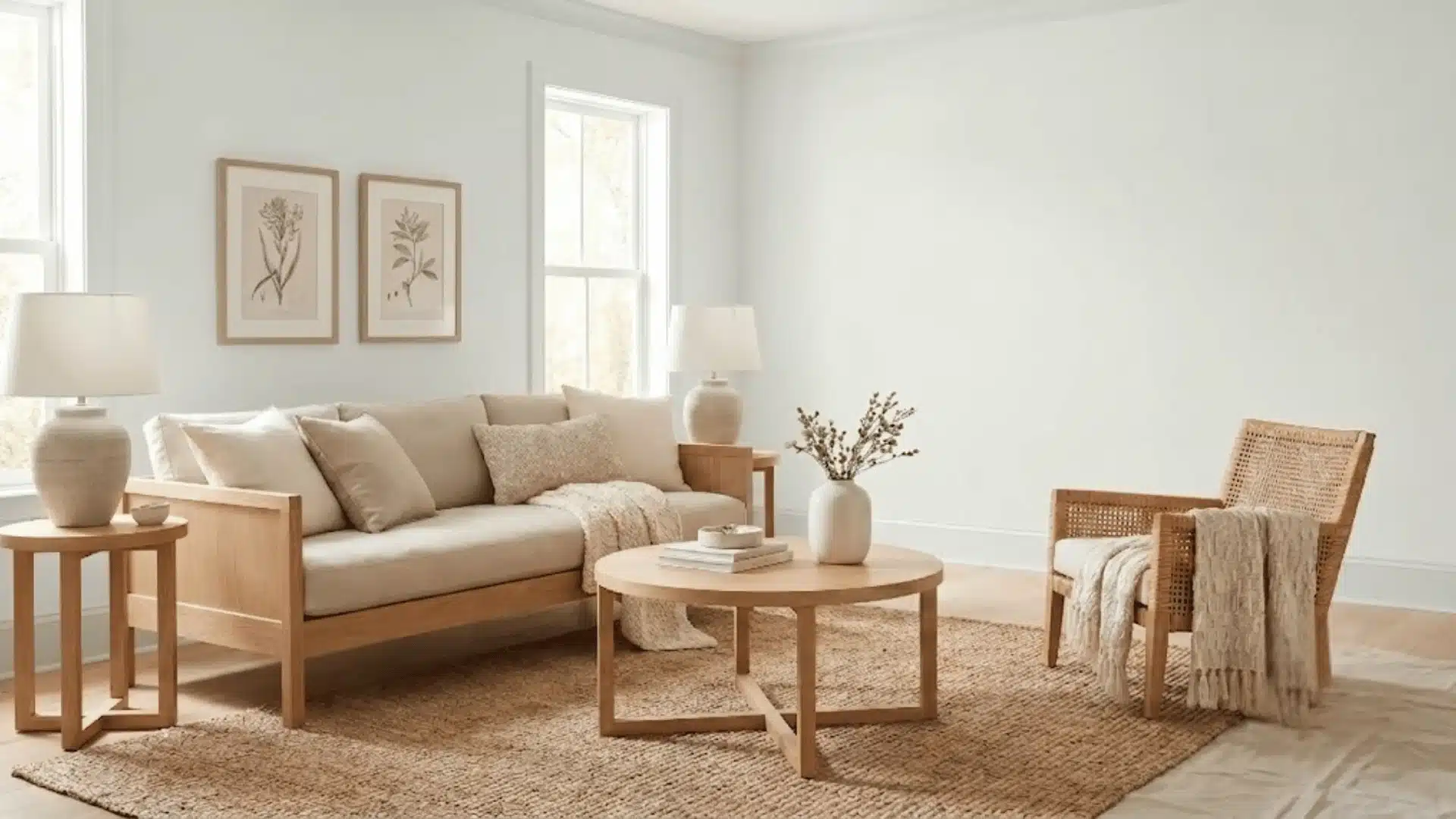 Living room with Benjamin Moore White Dove walls, light wood furniture, beige seating, and woven rug