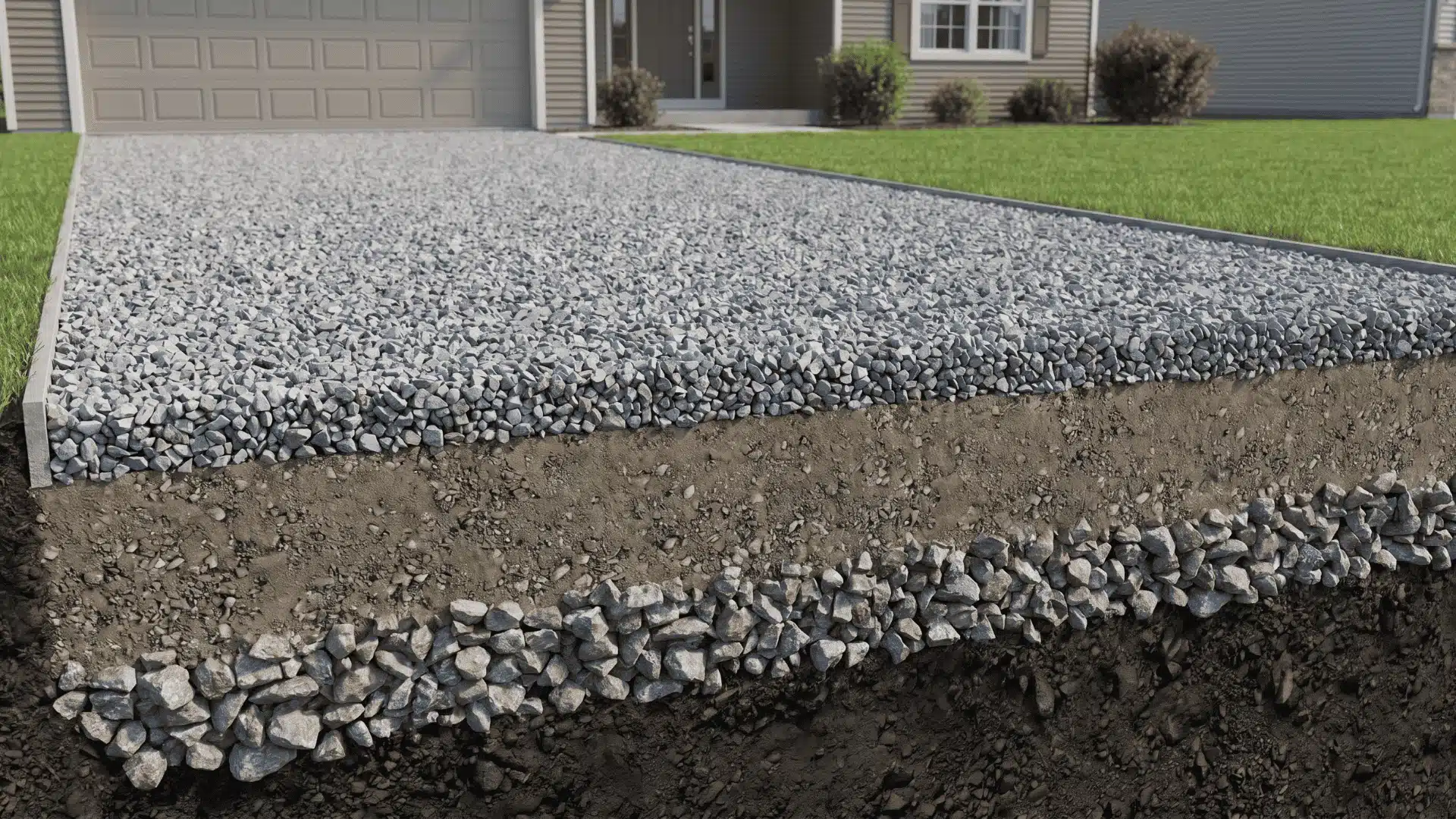 Cross-section of a gravel driveway showing base, binder, and surface layers for a durable residential installation.