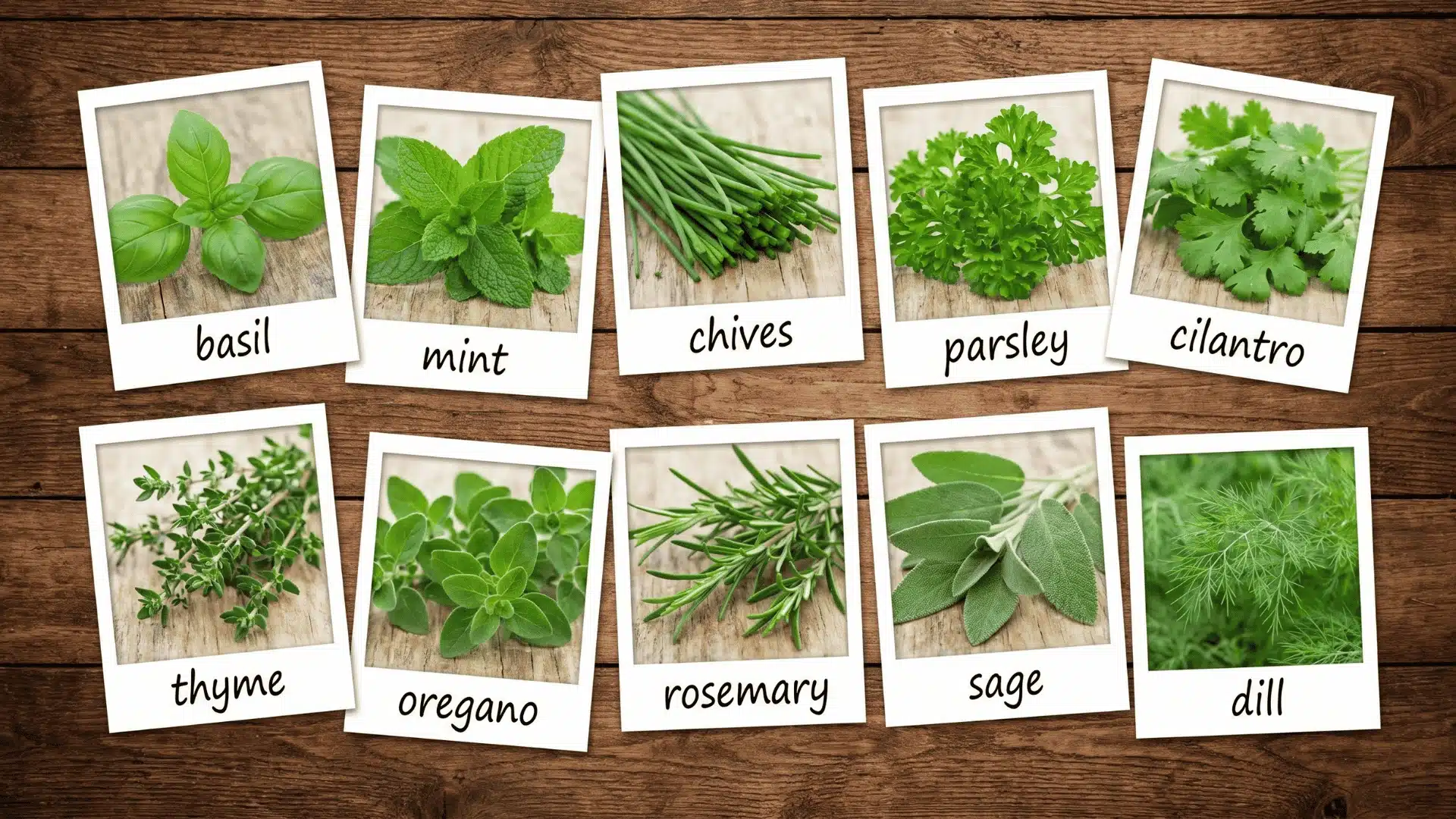 Collage of ten popular indoor herbs, including basil, mint, rosemary, and thyme, labeled and displayed on a wooden background.
