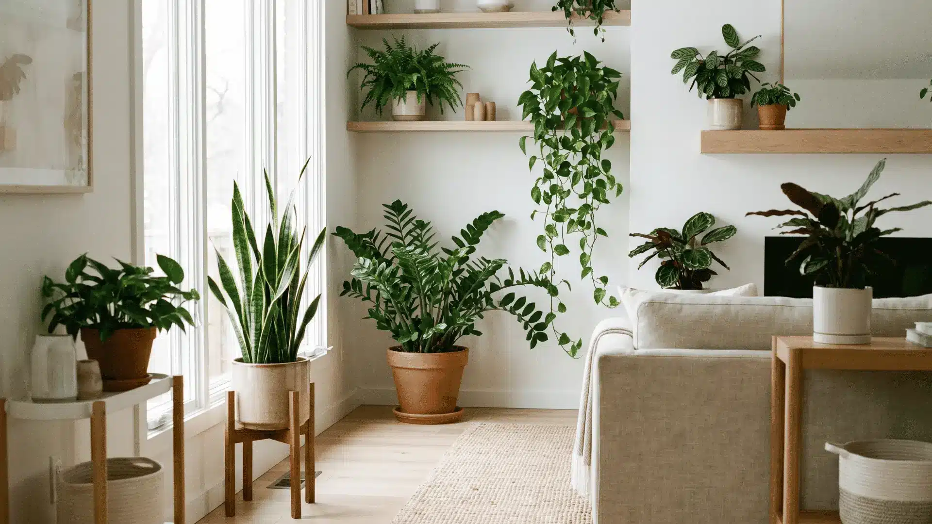 Indoor space with low-light houseplants like ZZ plant, snake plant, and pothos placed in natural home lighting.