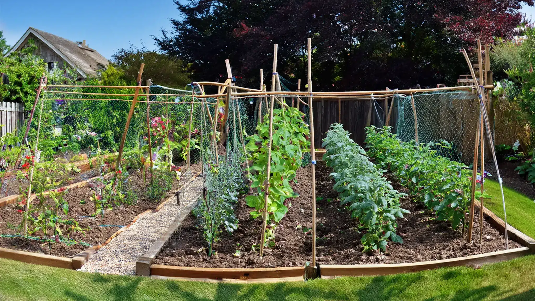 Tomatoes, cucumbers, peas, beans, and climbing roses growing on trellises suited to each plant