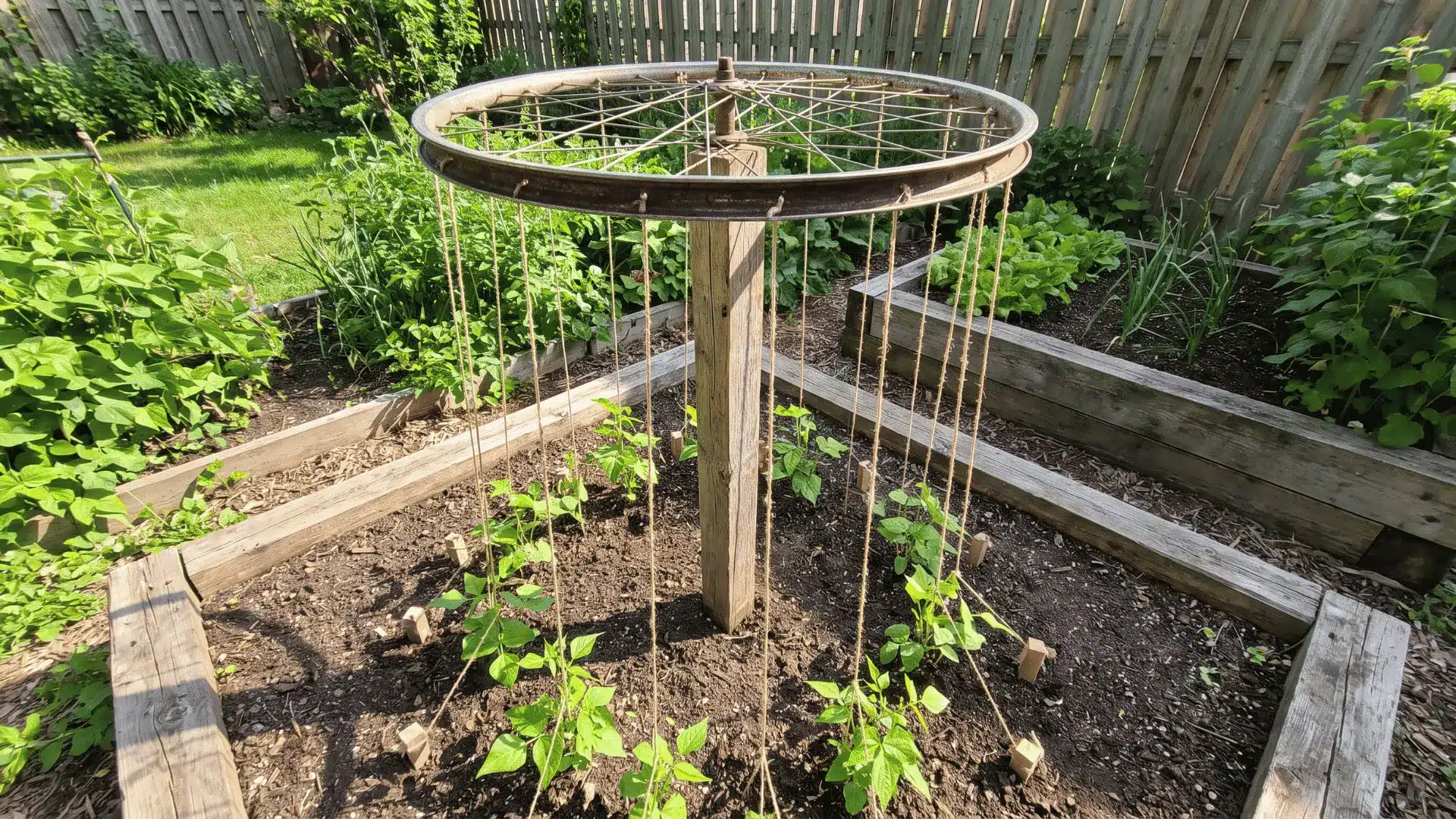 Bicycle wheel mounted above a post with strings supporting climbing pole beans below.
