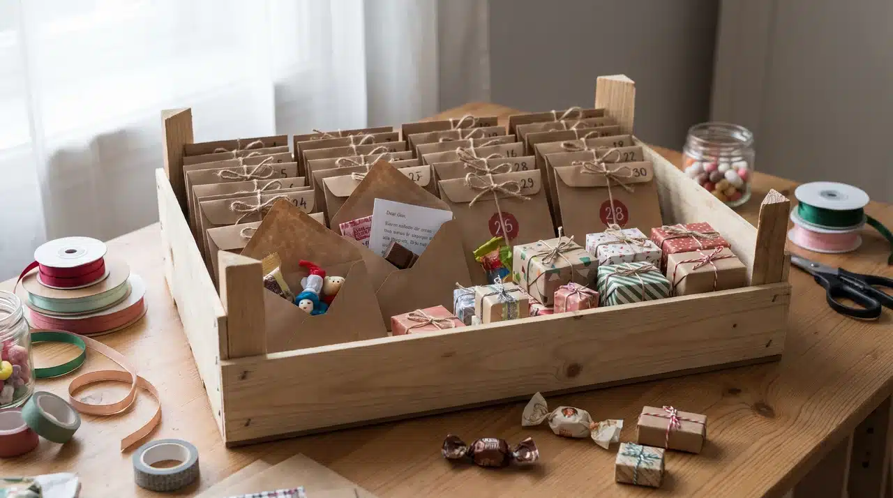 DIY birthday countdown box with numbered envelopes and small gift boxes