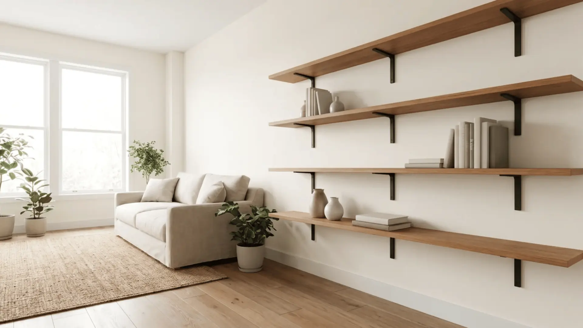 Warm white walls with wood shelving and matte black hardware