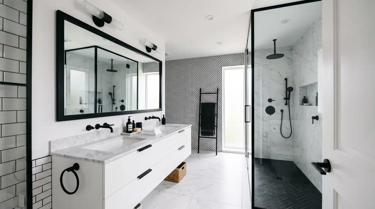 Black-and-white bathroom with glass shower, freestanding tub, double vanity, geometric tile, and arched mirrors.