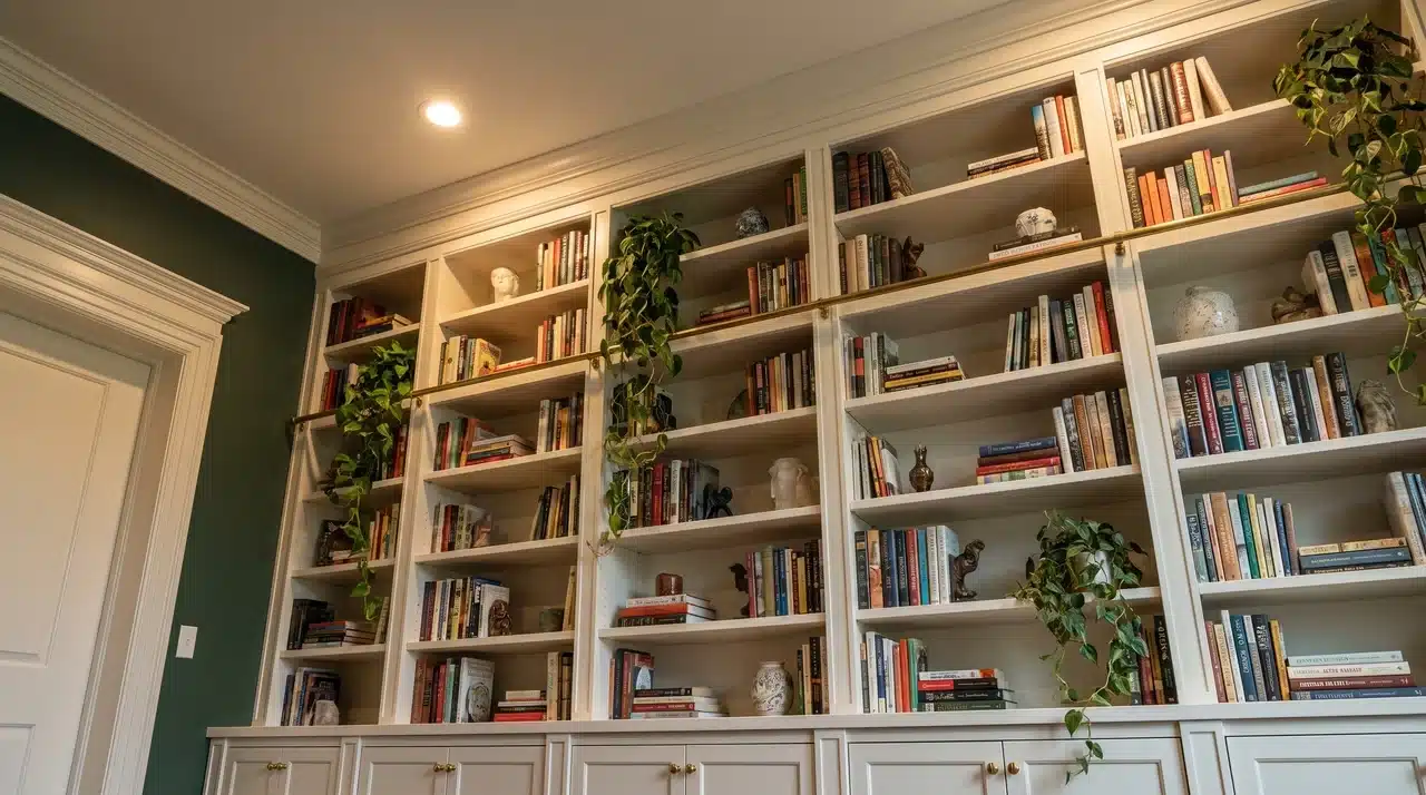 Built-in white bookcase with two-piece crown molding bridging seamlessly to the ceiling in a classic home library with green walls.