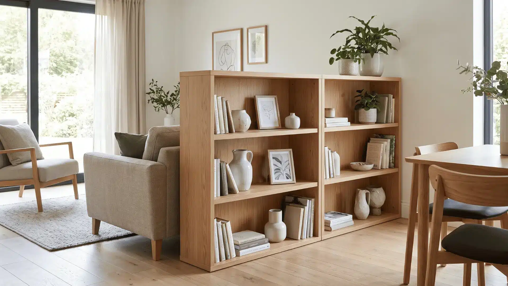 Bookcase used as soft divider between living room zones.