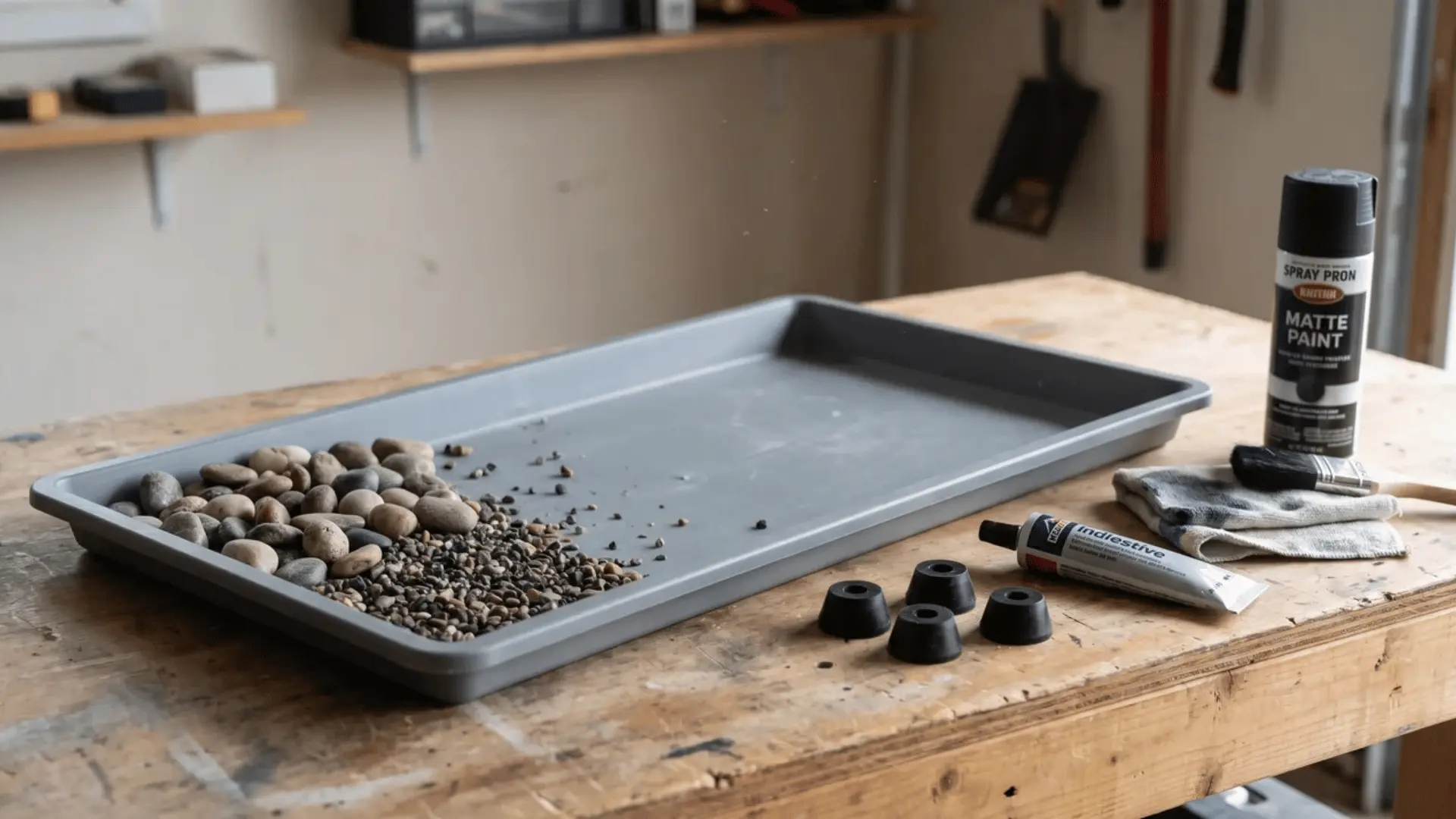 Entryway boot tray with rubber feet and small stones partly added beside adhesive and cleaning supplies