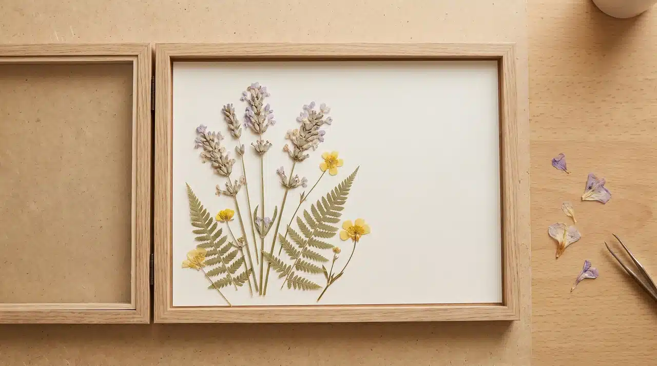Pressed flowers arranged on cardstock inside an open frame with loose flowers nearby