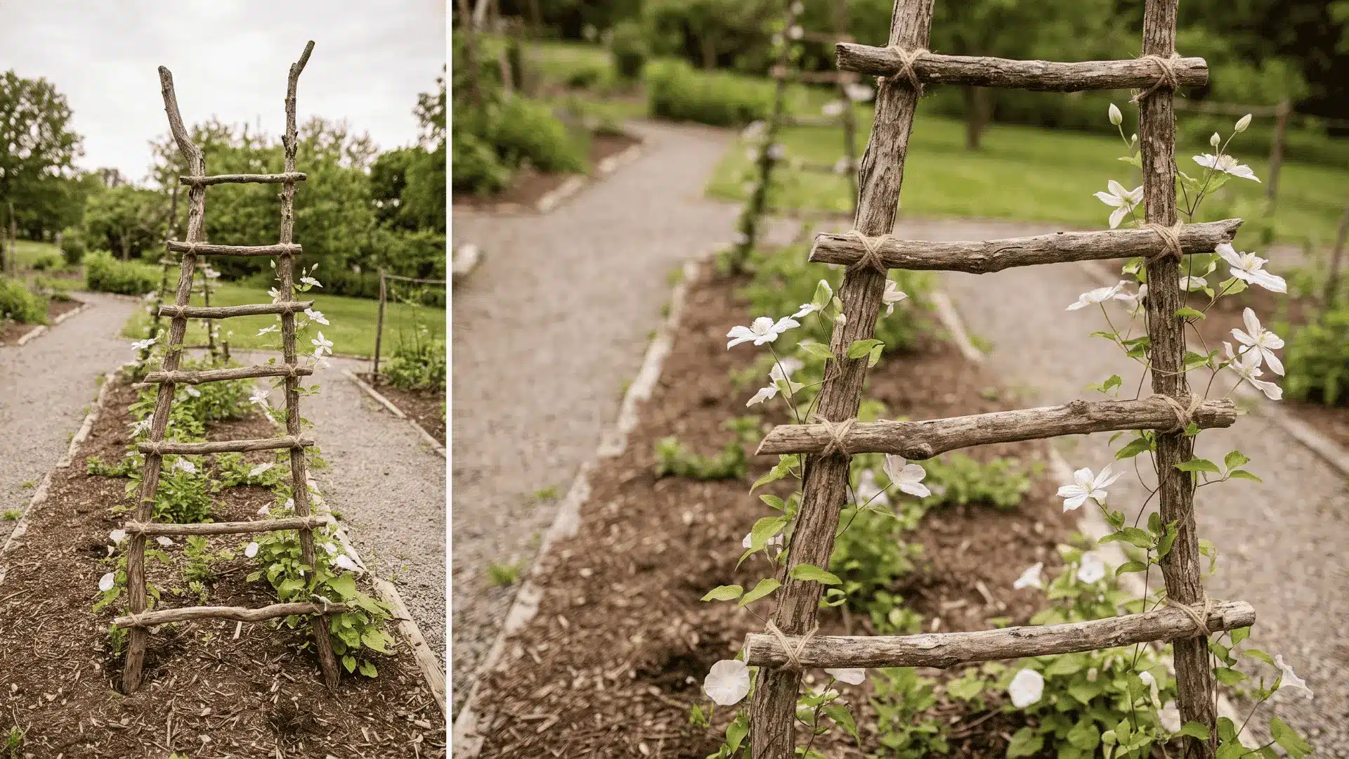 Handmade branch ladder trellis supporting flowering vines beside a narrow garden pathway.