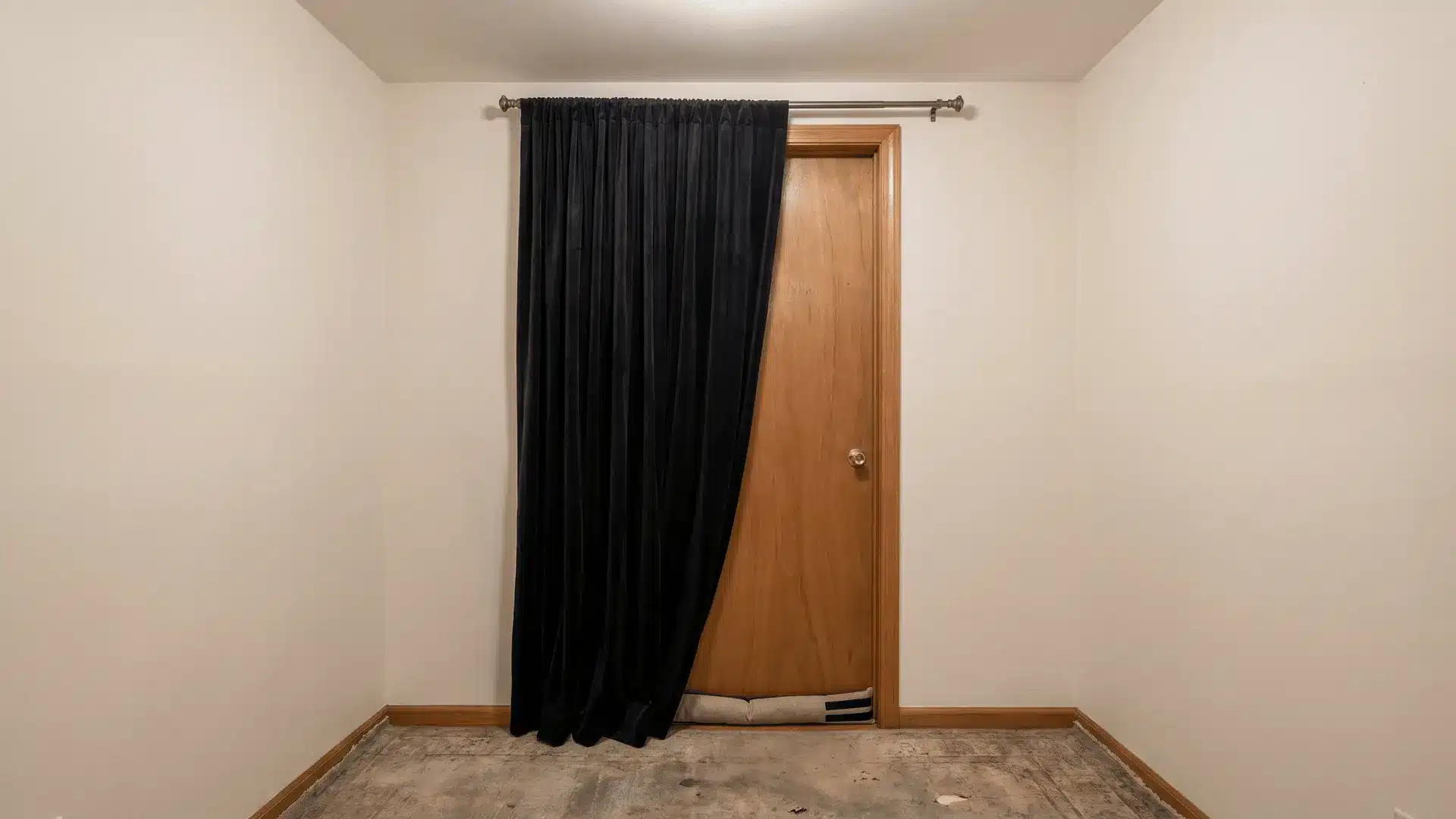 Doorway with draft stopper at base and heavy curtain covering frame edges for temporary soundproofing setup.