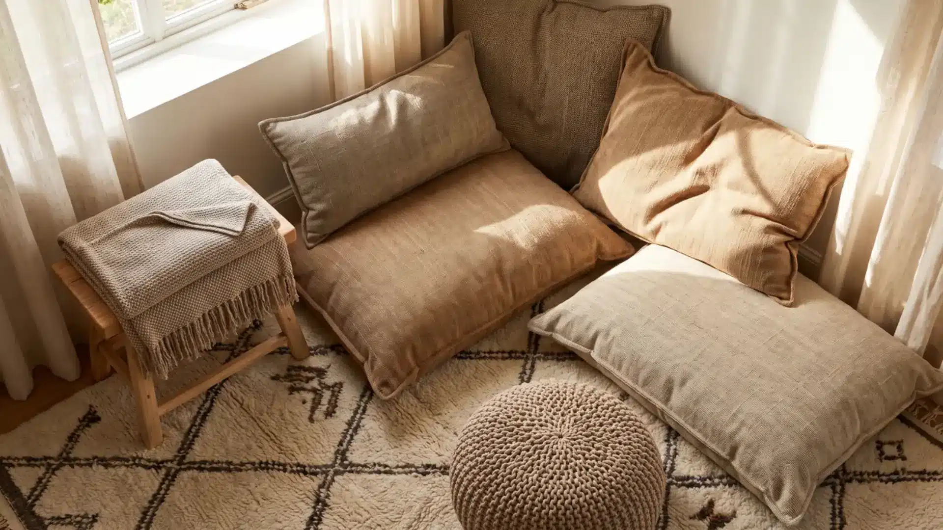 floor cushions and a low pouf arranged on a rug