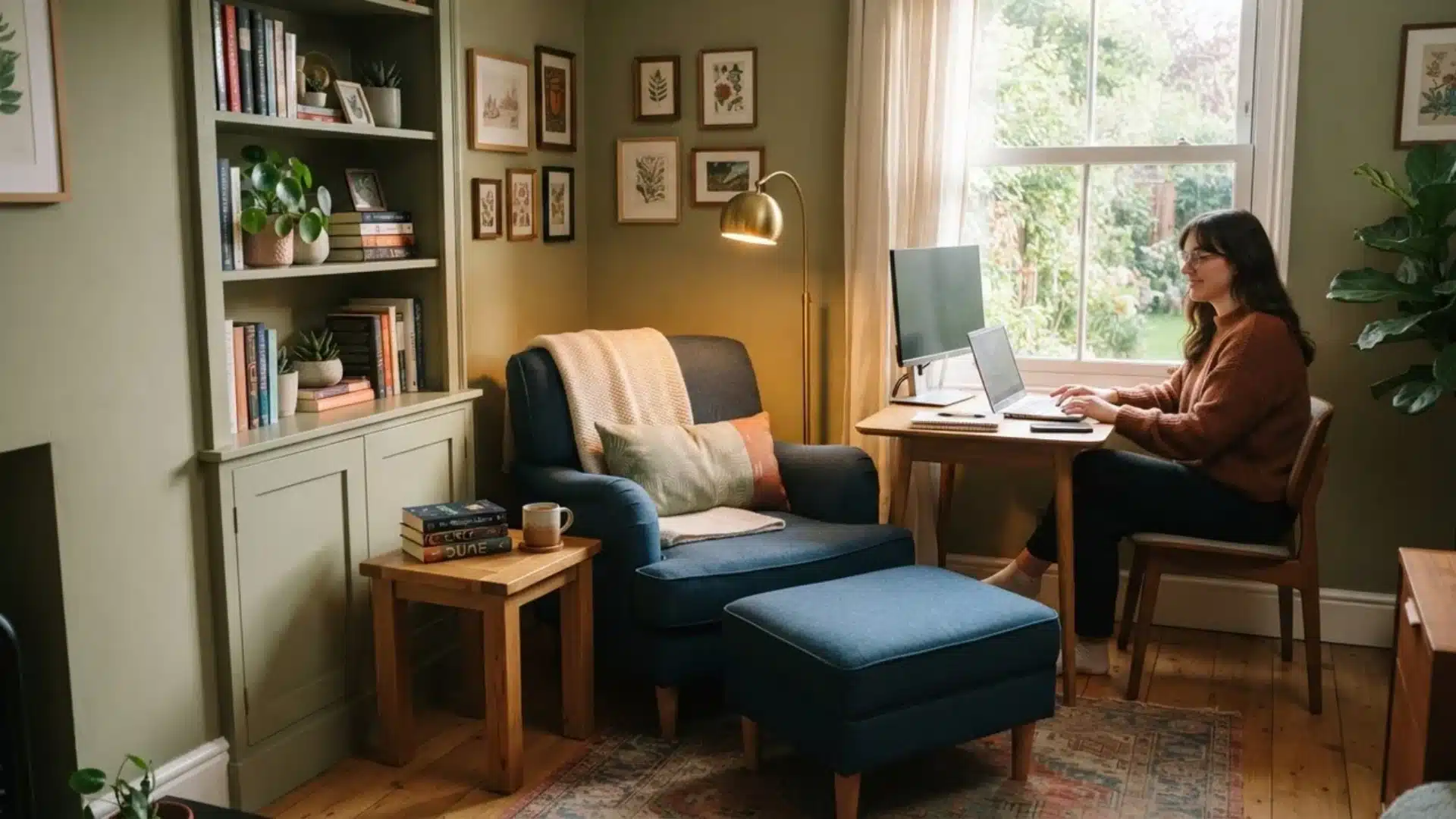 A woman works on a laptop at a desk near a cozy reading armchair and built-in bookshelf.