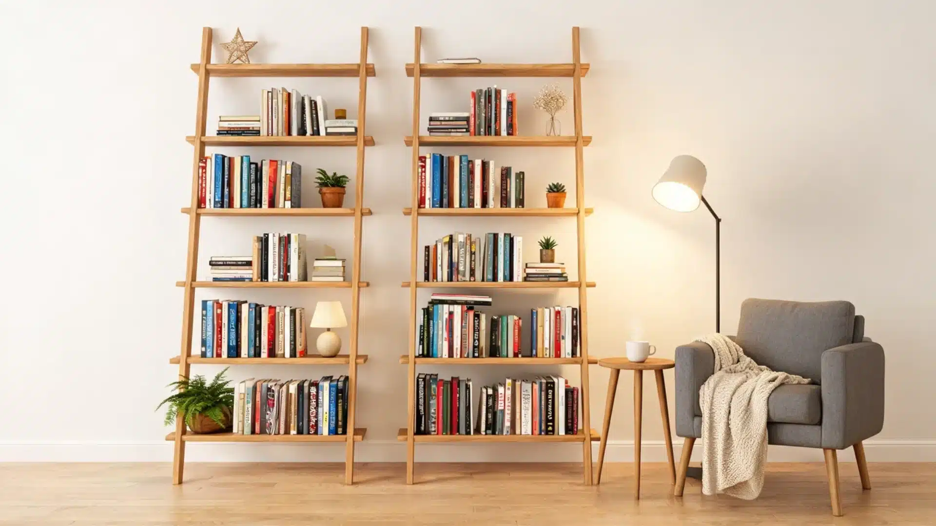 Cozy reading corner featuring two wooden ladder bookshelves filled with books, an armchair, and floor lamp.