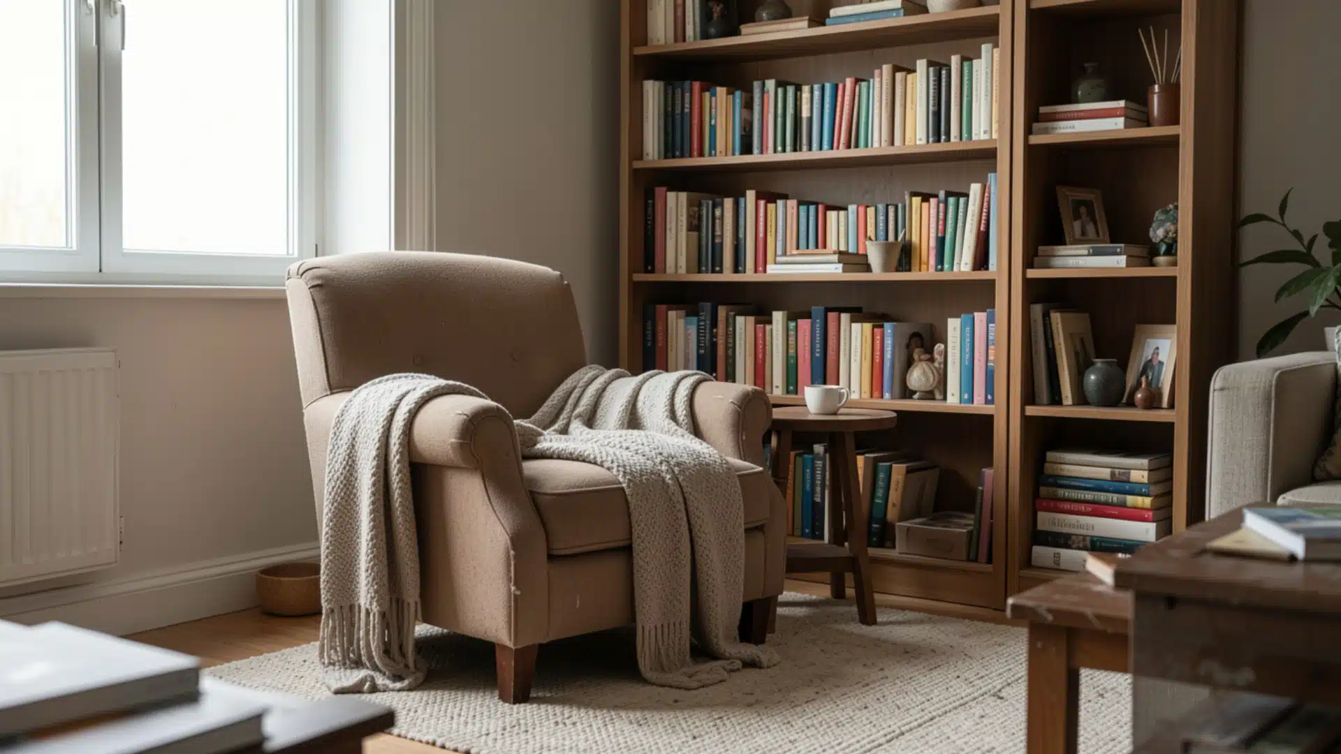 armchair and bookshelf on a small rug in a living room corner