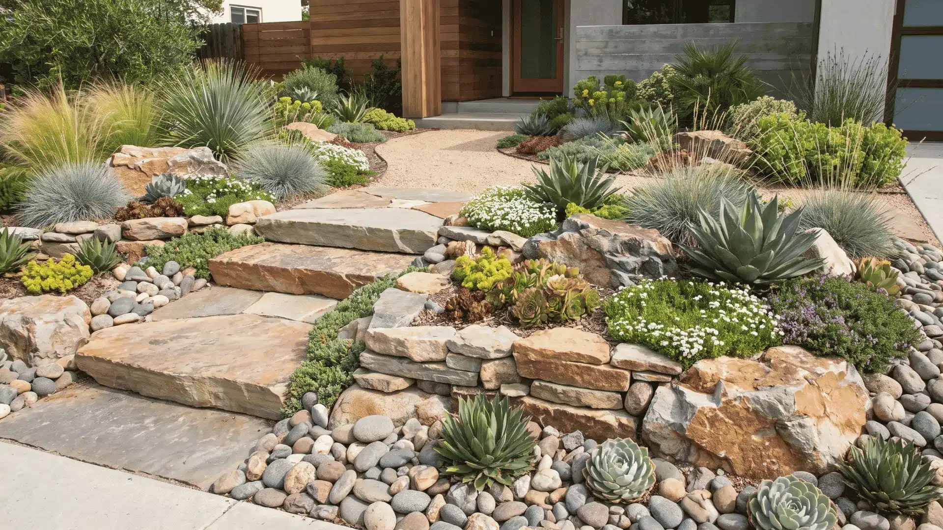 Front yard rock garden with natural stones, succulents, and ornamental grasses.