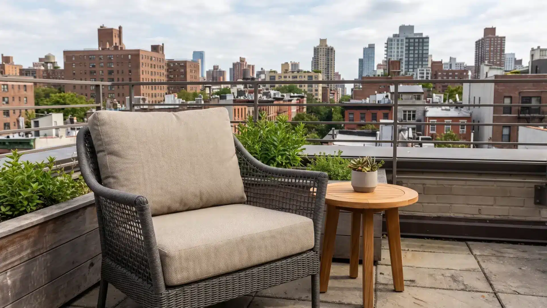 outdoor chair and side table set up on a rooftop terrace