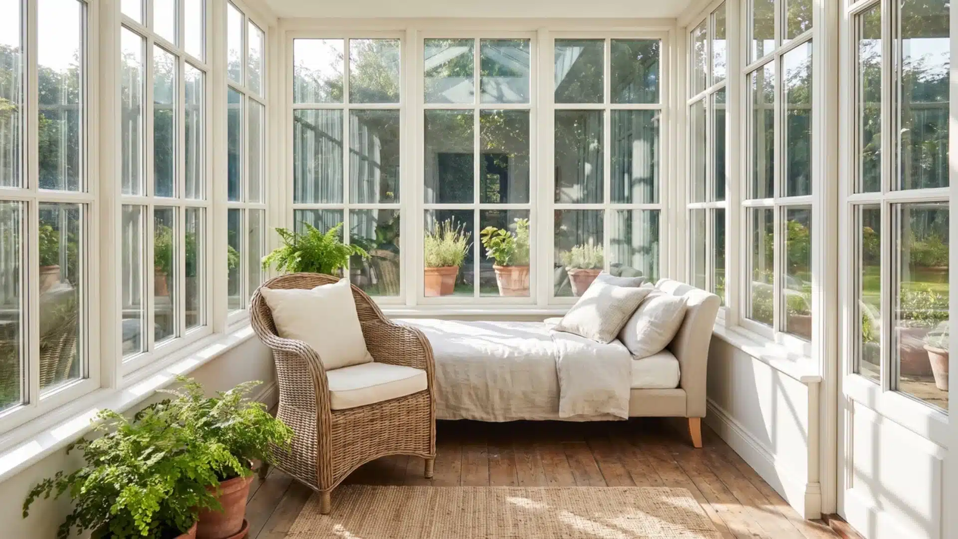wicker chair and daybed inside a bright sunroom with large windows