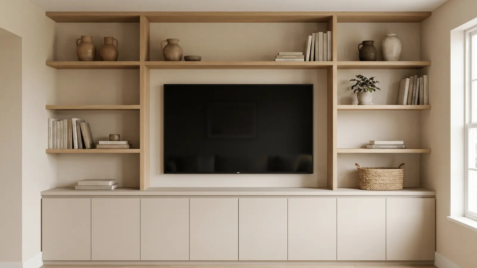 Built-in shelving unit with wall mounted TV, cabinets, books, and decorative items