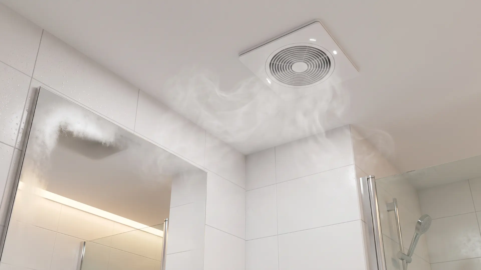 Bathroom ceiling exhaust fan in small tiled bathroom with light steam and fogged mirror corners