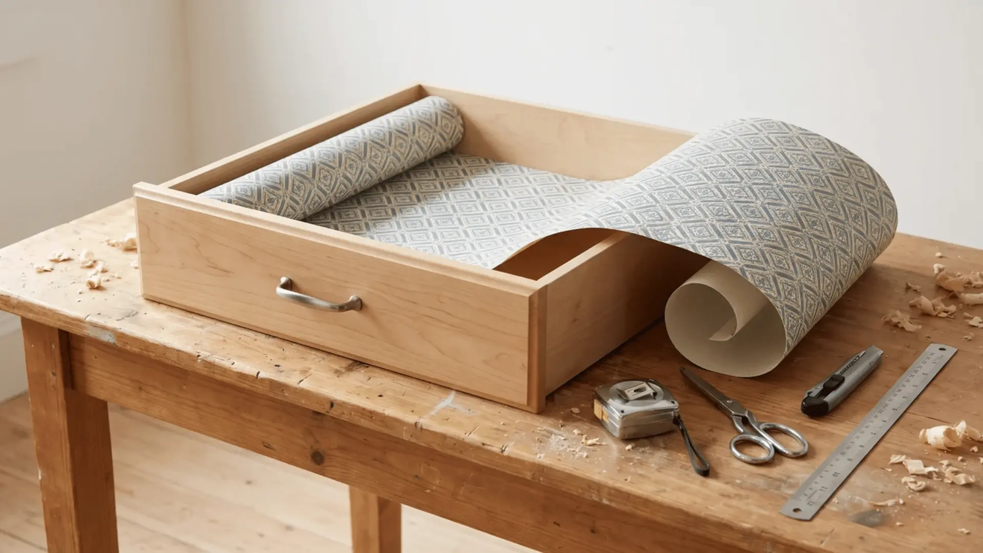 Cabinet drawer on a table with patterned shelf liner being measured and fitted inside