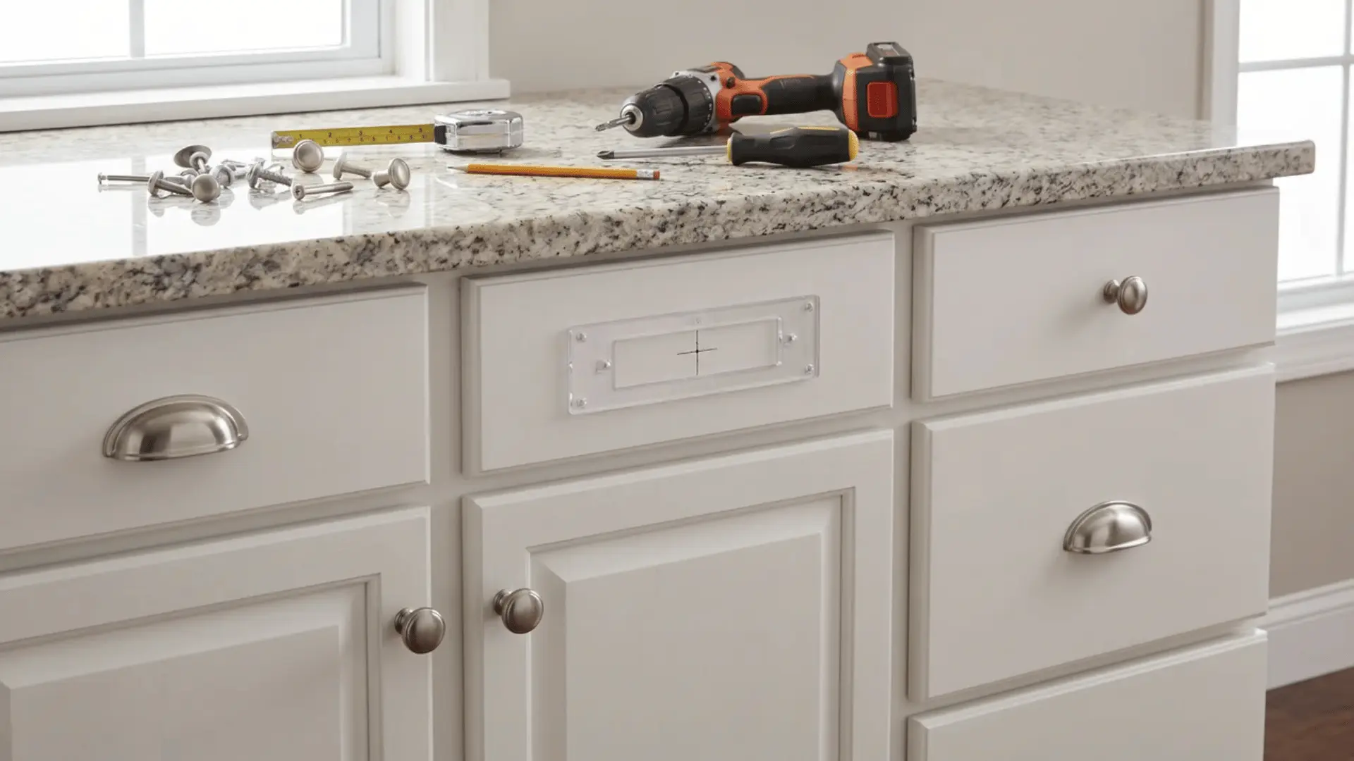 Cabinet knobs and pulls being replaced with a hardware template, screwdriver, drill, and measuring tape nearby