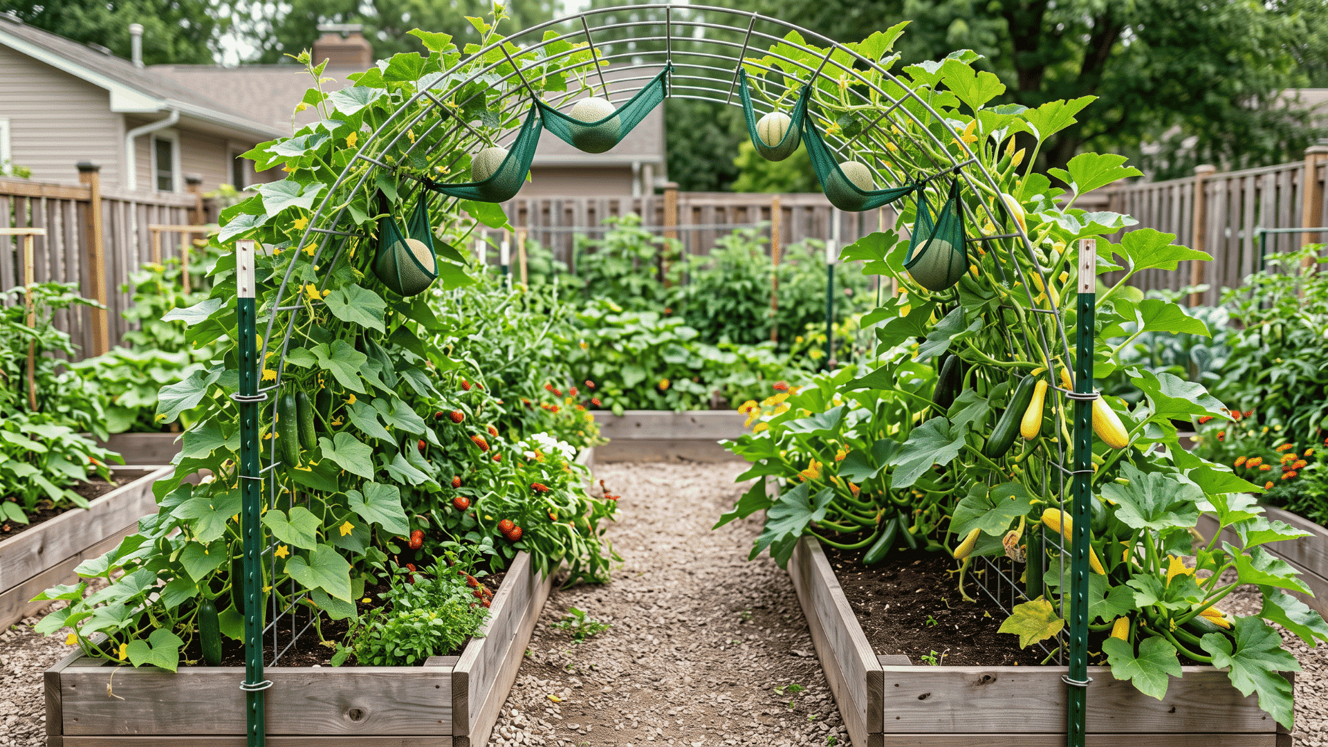Cattle panel arch between raised beds supporting cucumbers, squash vines, and melons in fabric slings.