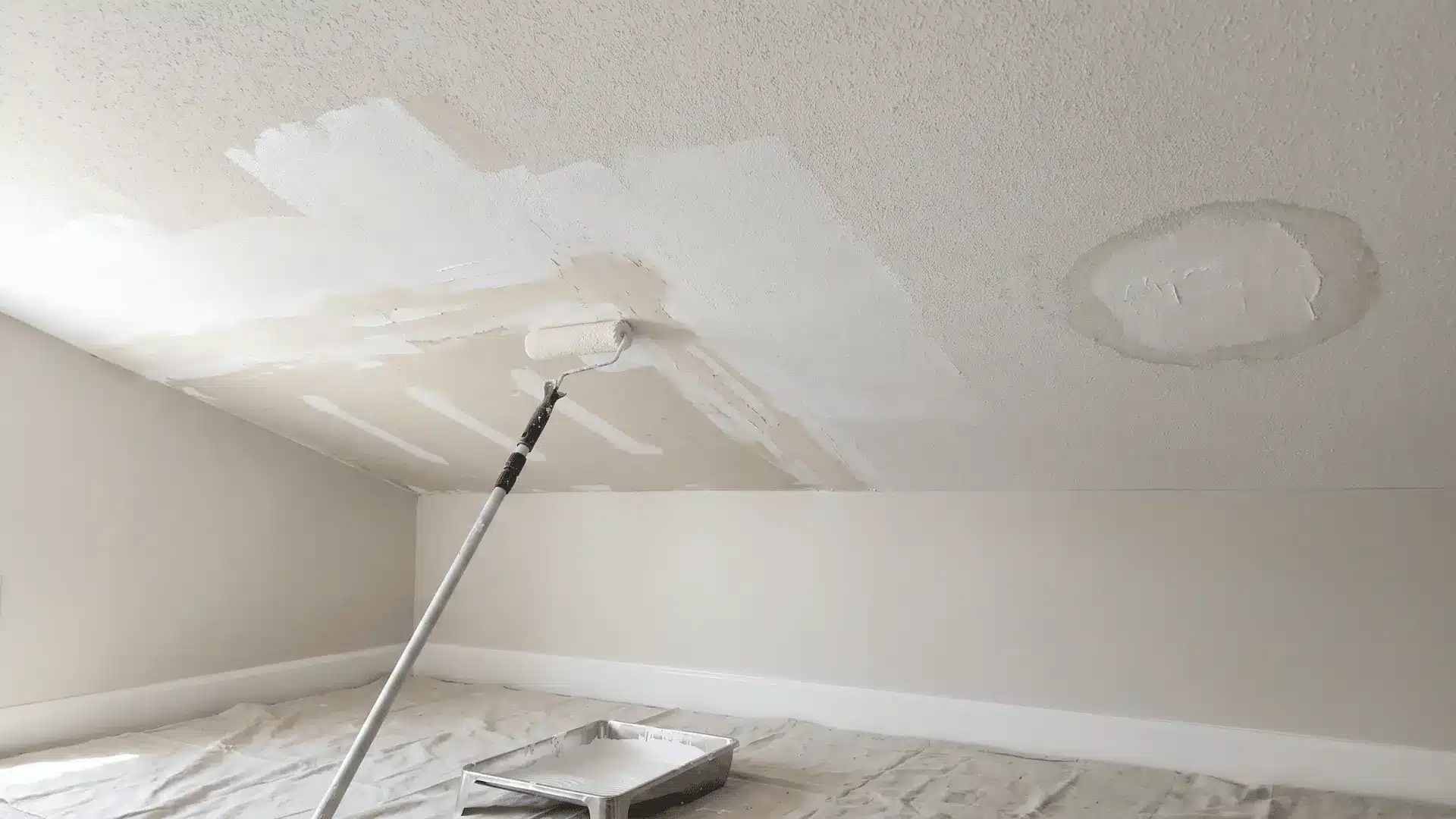 White primer applied over patched drywall and a water stain before painting a residential ceiling.