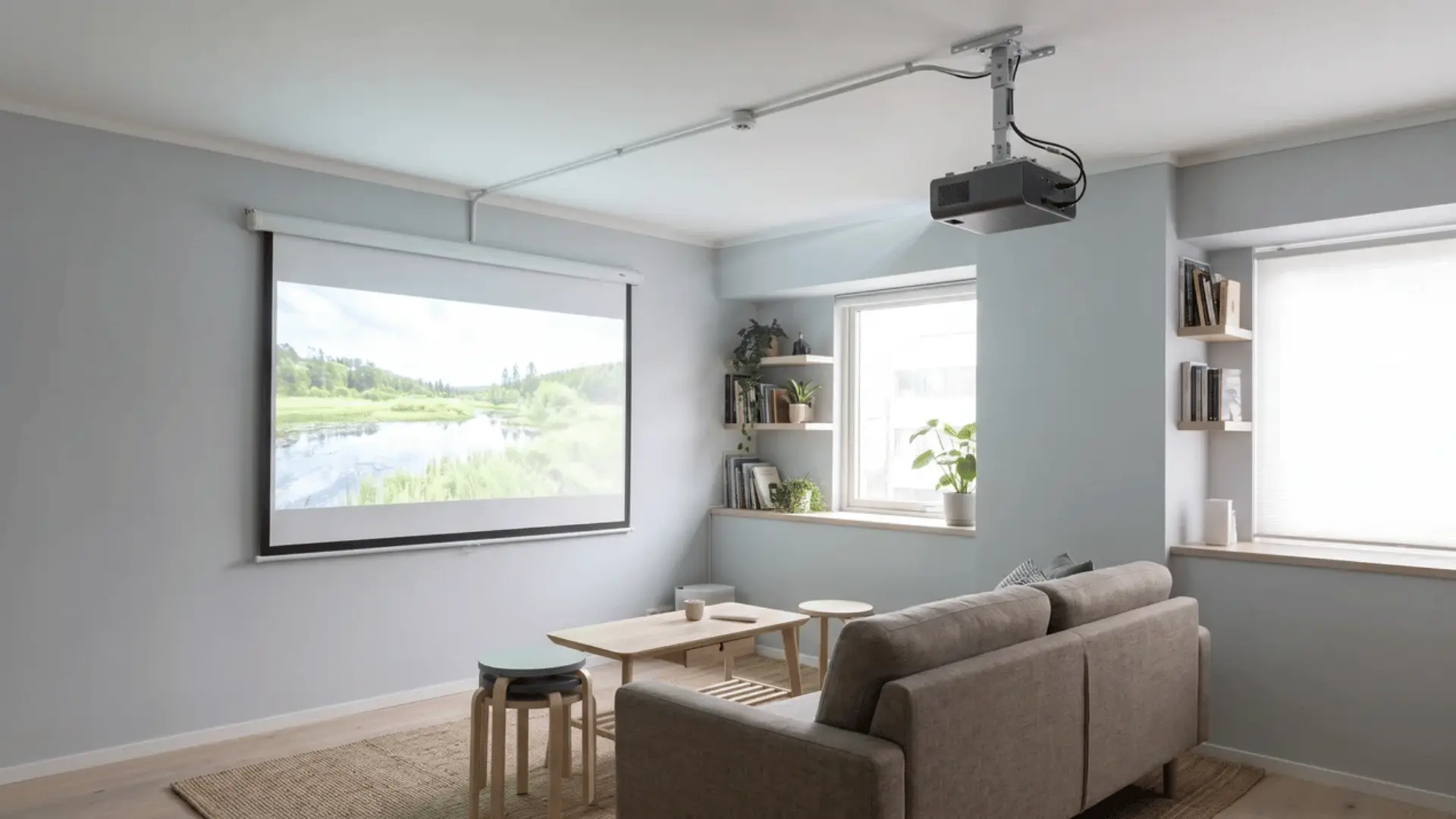 Ceiling-mounted projector aligned with retractable screen in a small living room