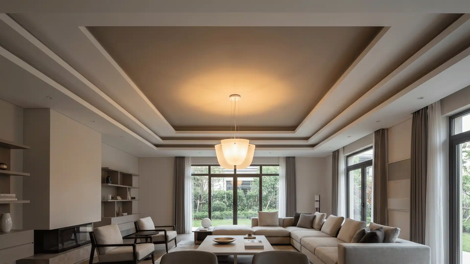 Tray ceiling with centered pendant fixture creating focused interior lighting.