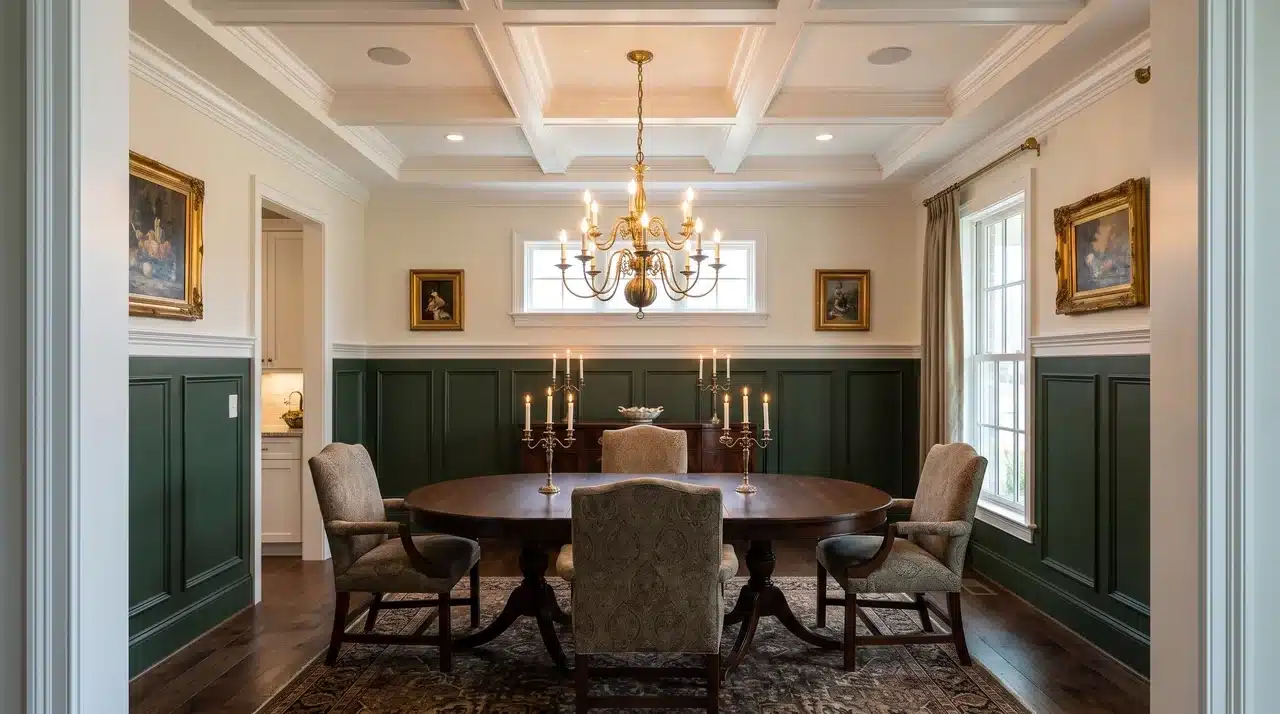 A refined dining room where crown molding at the ceiling and a chair rail at mid-wall divide the space into antique white upper and deep forest green lower zones.