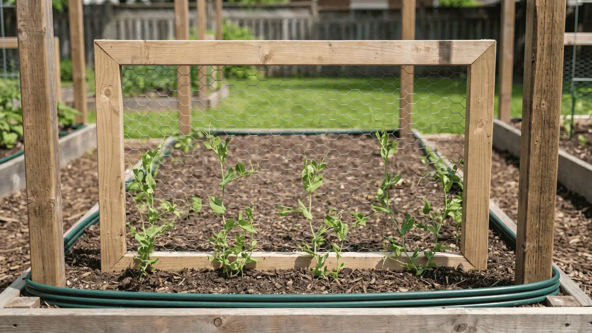 Wooden frame filled with chicken wire and supporting young pea vines in a garden bed.