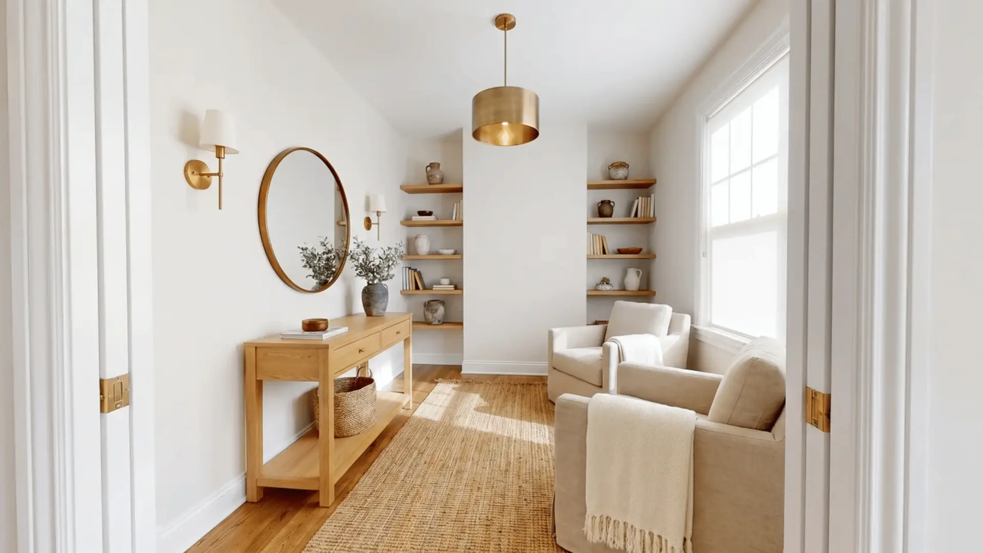 Small room with China White walls, neutral decor, wood tones, and warm metal fixtures