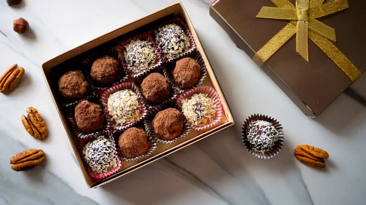 Handmade chocolate truffles with cocoa, nuts, and coconut coatings in a gift box
