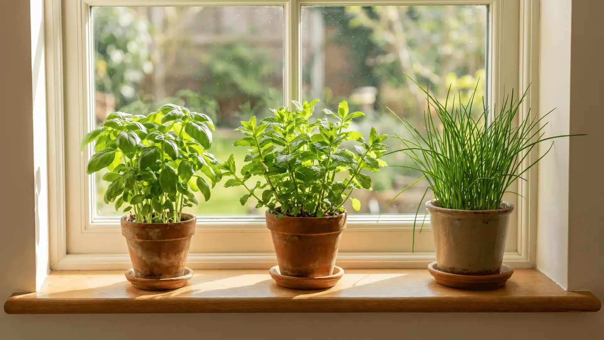 Indoor herb pots on a sunny windowsill receiving direct natural light.