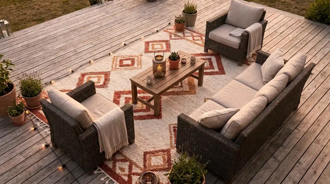 Outdoor deck seating area anchored by cream and terracotta geometric rug with sofa, armchairs and lantern in golden light.