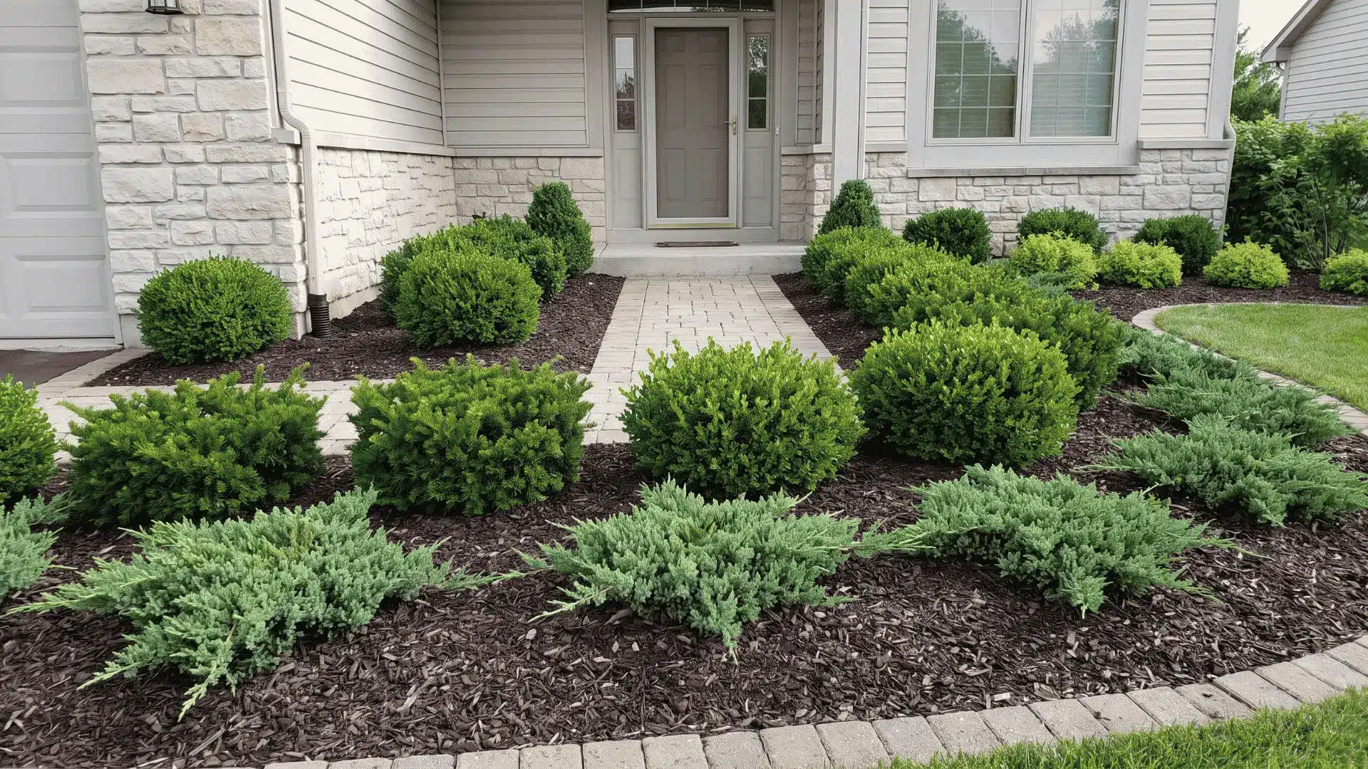 Slow-growing foundation shrubs neatly framing the base of a home exterior.
