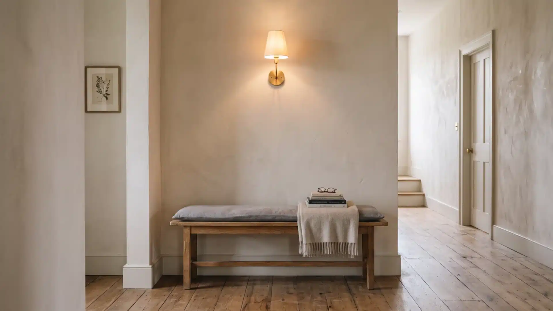 slim bench and wall sconce set up in a hallway nook