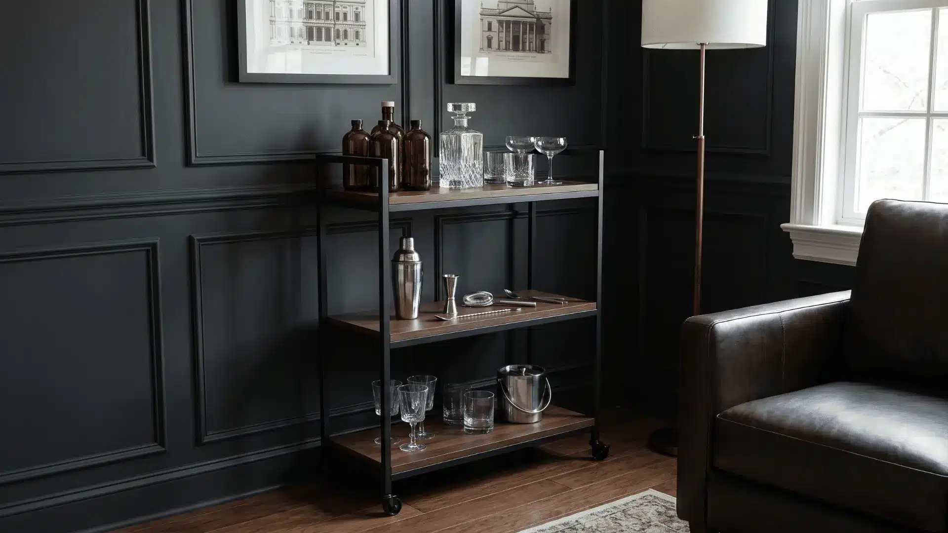 Organized black metal bar cart with glassware and drink supplies in a men’s room