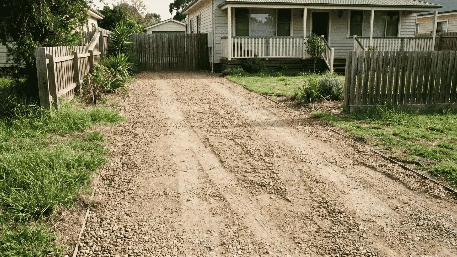 Simple loose gravel driveway outside a home with a natural and slightly rustic appearance.