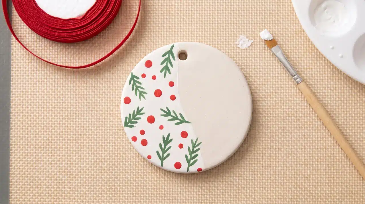 Air-dry clay ornament with painted holiday details and a hanging hole beside ribbon