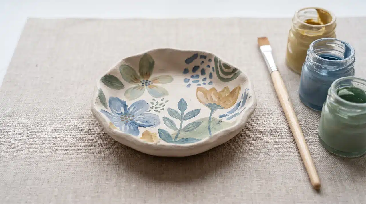 Air-dry clay trinket dish with painted floral and abstract details beside a paintbrush