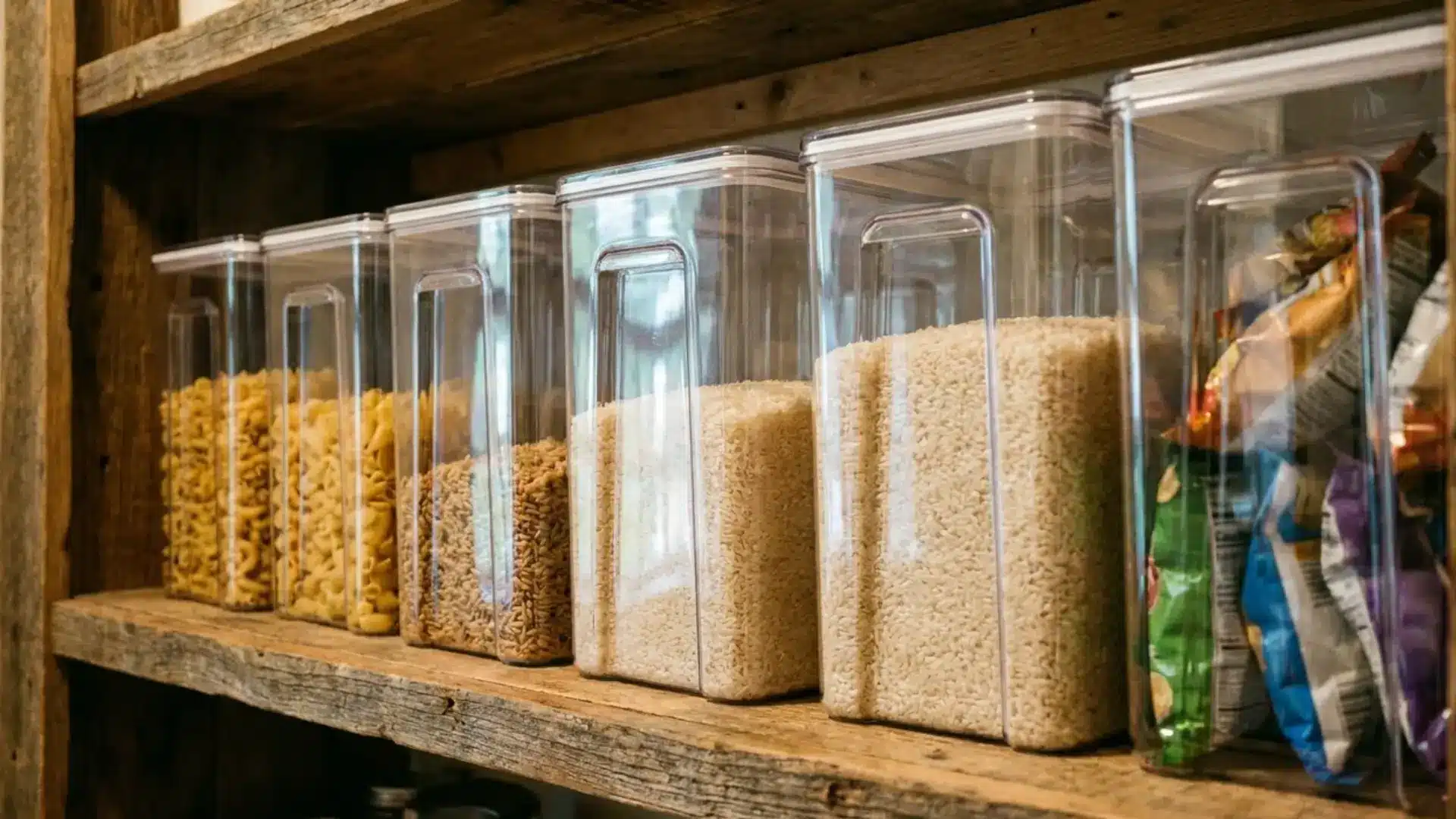 Clear plastic storage bins lined up on a wooden pantry shelf holding pasta rice and snacks