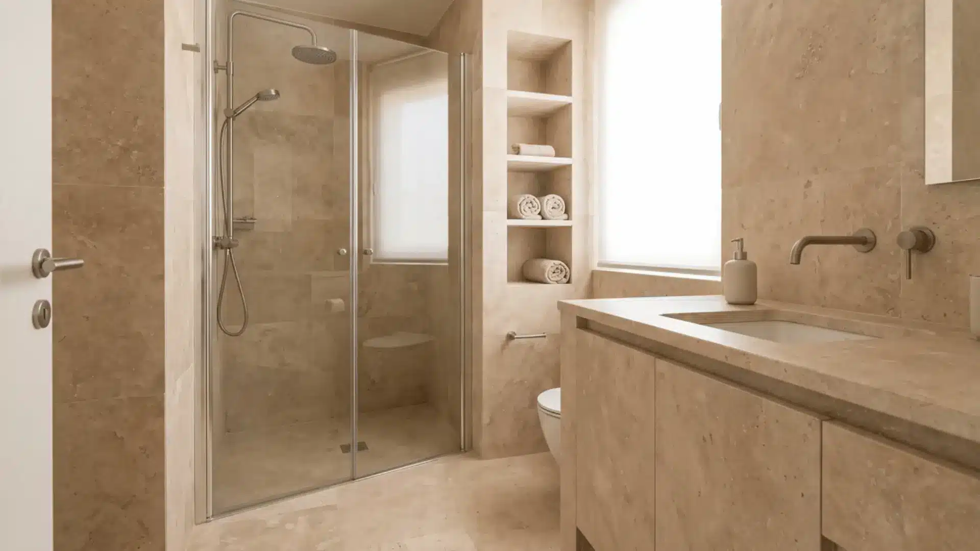 Small bathroom with matching wall, floor, vanity, and storage materials and a clear walk-in shower door