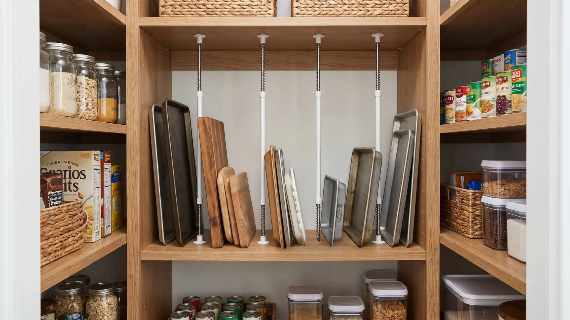 Small closet converted into a pantry with wall shelves holding cereal boxes, jars, cans, baskets, and other pantry items